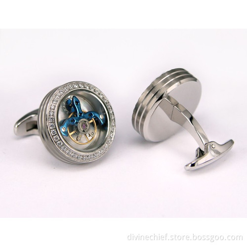 Make Custom Logo CNC Inlaid Stones Tourbillon Movement Cufflinks In Stainless Steel Jewelry